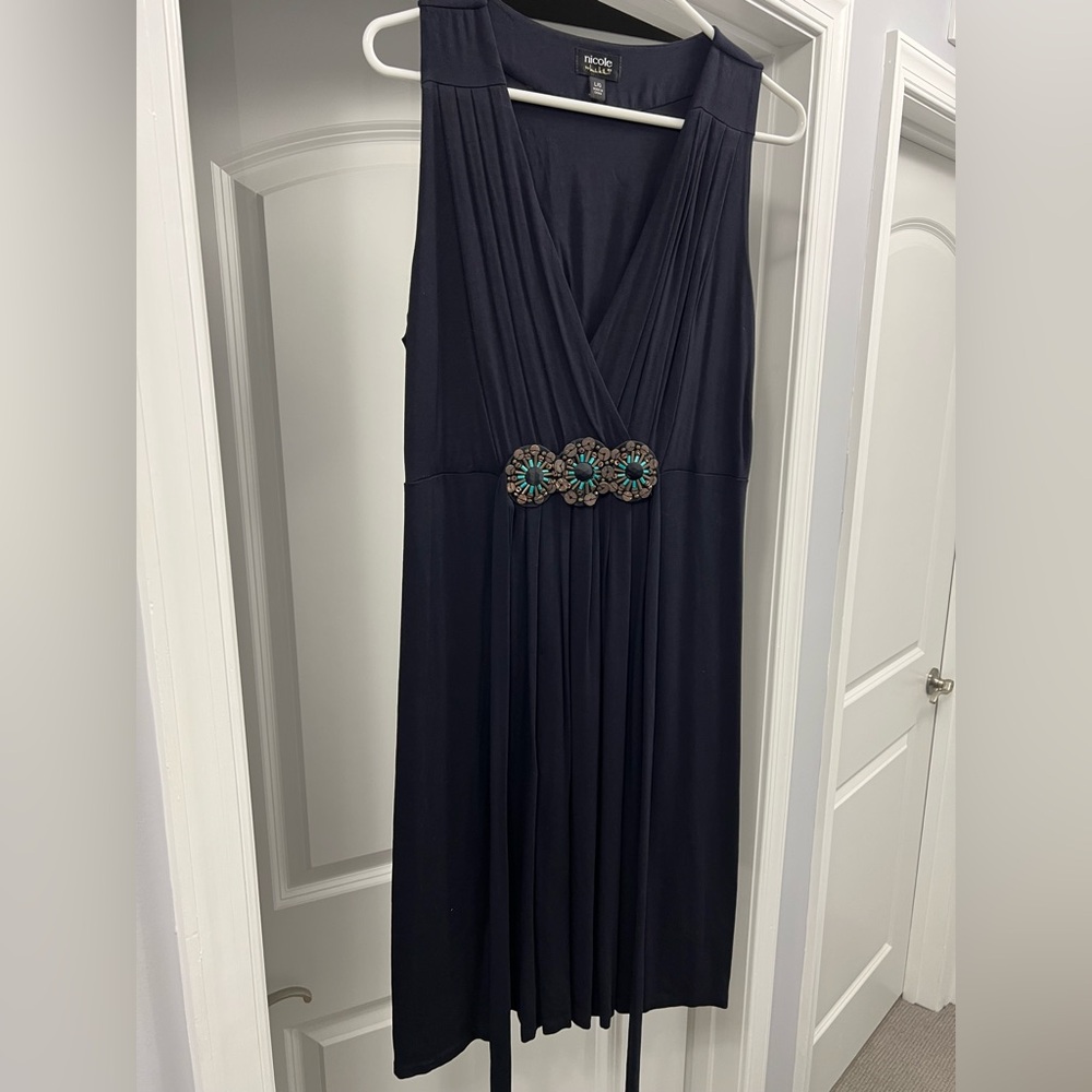 Nicole Miller Elegant Black Dress with Embellished Waist